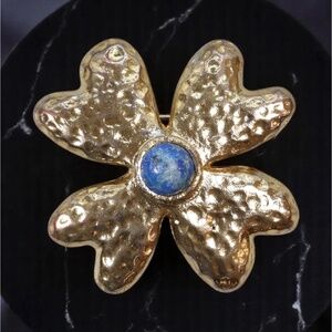 Vintage Yves Rocher Gold Tone Flower Clover Pin Brooch w/Lapis Lazuli